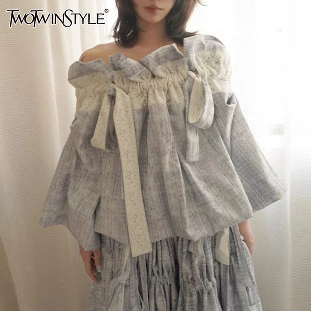 

TWOTWINSTYLE Blue Spliced Bow Sweet Fold Shirt Female Slash Neck Off Shoulder Loose Casual Versatile Women's Tops Summer Fashion