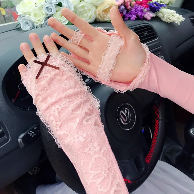 Длинные кружевные сексуальные полые перчатки без пальцев, солнцезащитные рукава, женские сетчатые тонкие велосипедные солнцезащитные варежки, аксессуары