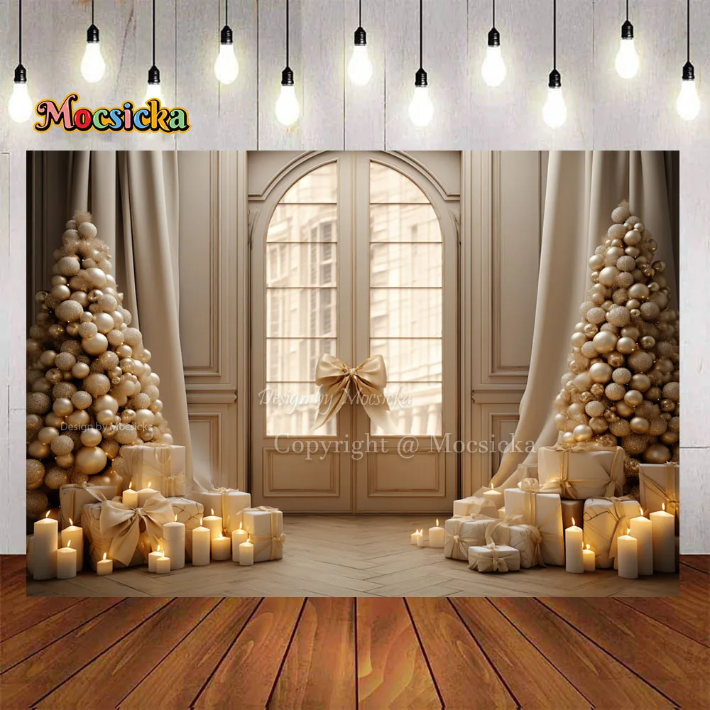 الذهبي شجرة عيد الميلاد ديكور السنة الجديدة غرفة خلفية الشموع الستائر الهدايا النوافذ خلفية كشك الاطفال صورة استوديو الصور