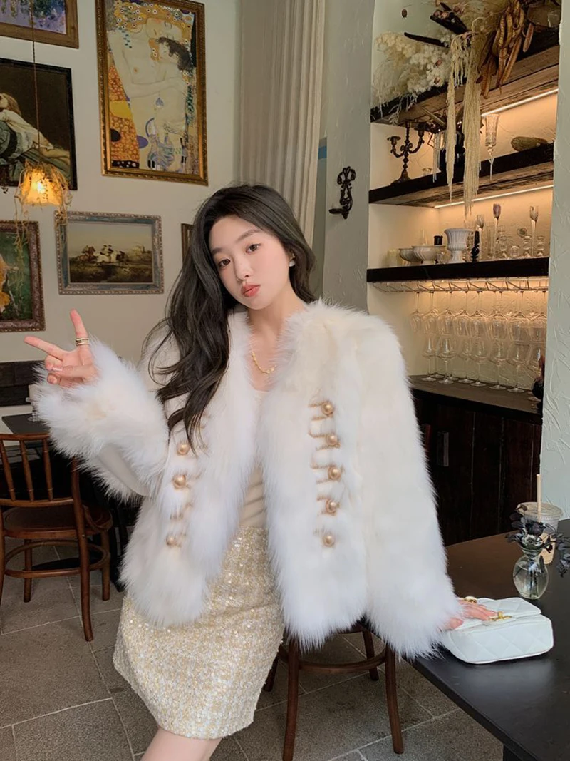 Chic White Women Faux Fur Jacket Pearl Button Coat Collarless Long Sleeve Cropped Loose Luxury Cozy Winter Outerwear Top