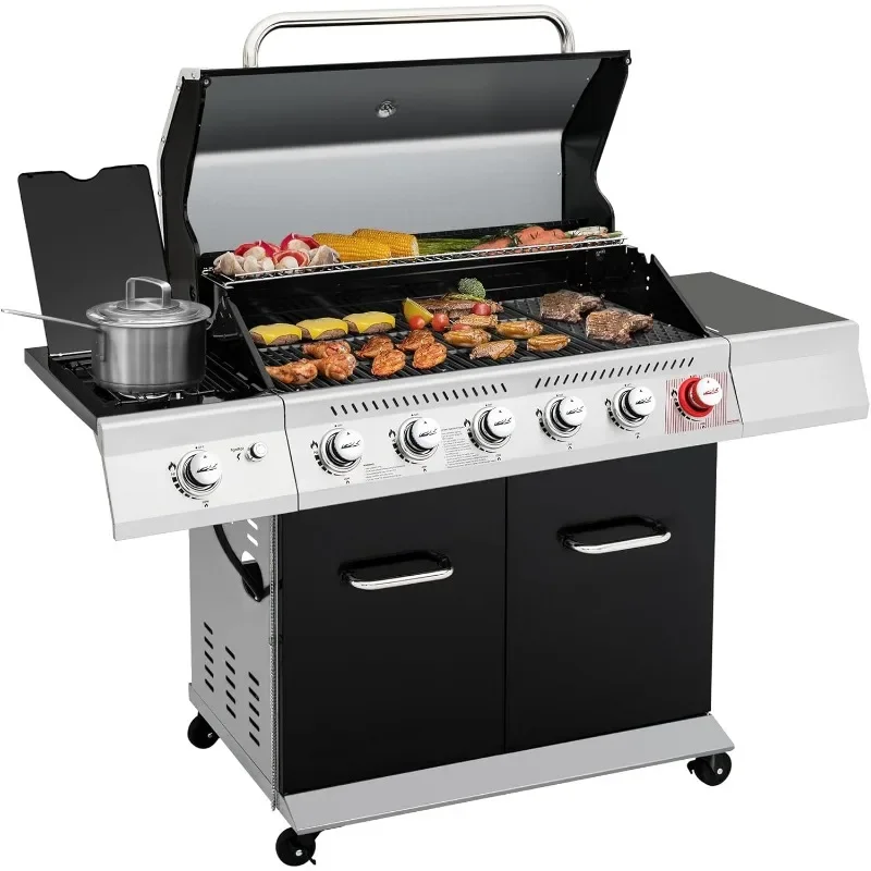 Royal Gourmet GA6402H 6-Burner Propane Gas Grill with Sear Burner and Side Burner, 74,000 BTUs, Cabinet Style Outdoor BBQ Grill