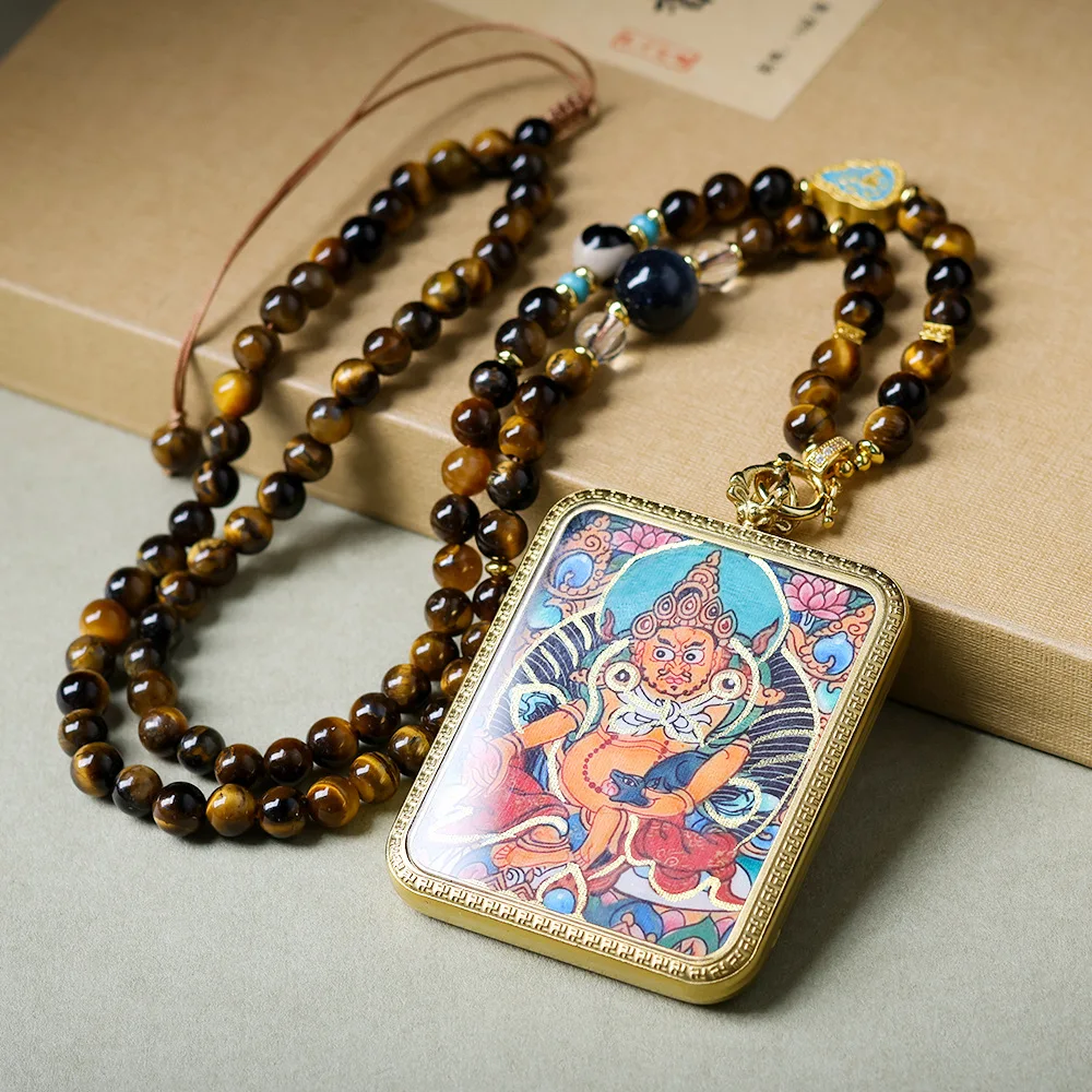 

New gold painted yellow God of Wealth Thangka colour preservation plating pendant tiger's eye stone necklace jumper chain batch