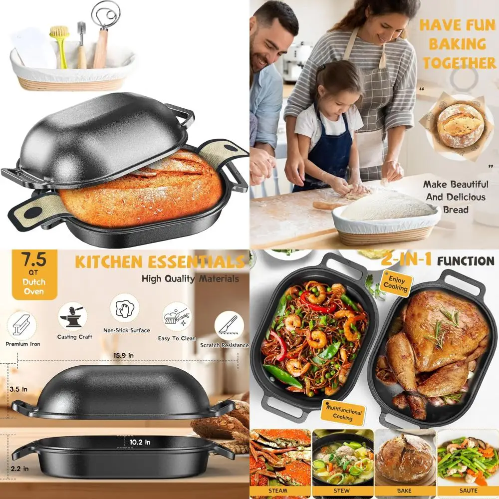 

7.5 Quart Cast Iron Dutch Oven with Banneton for Bread Baking and Multi-Functional Cooking