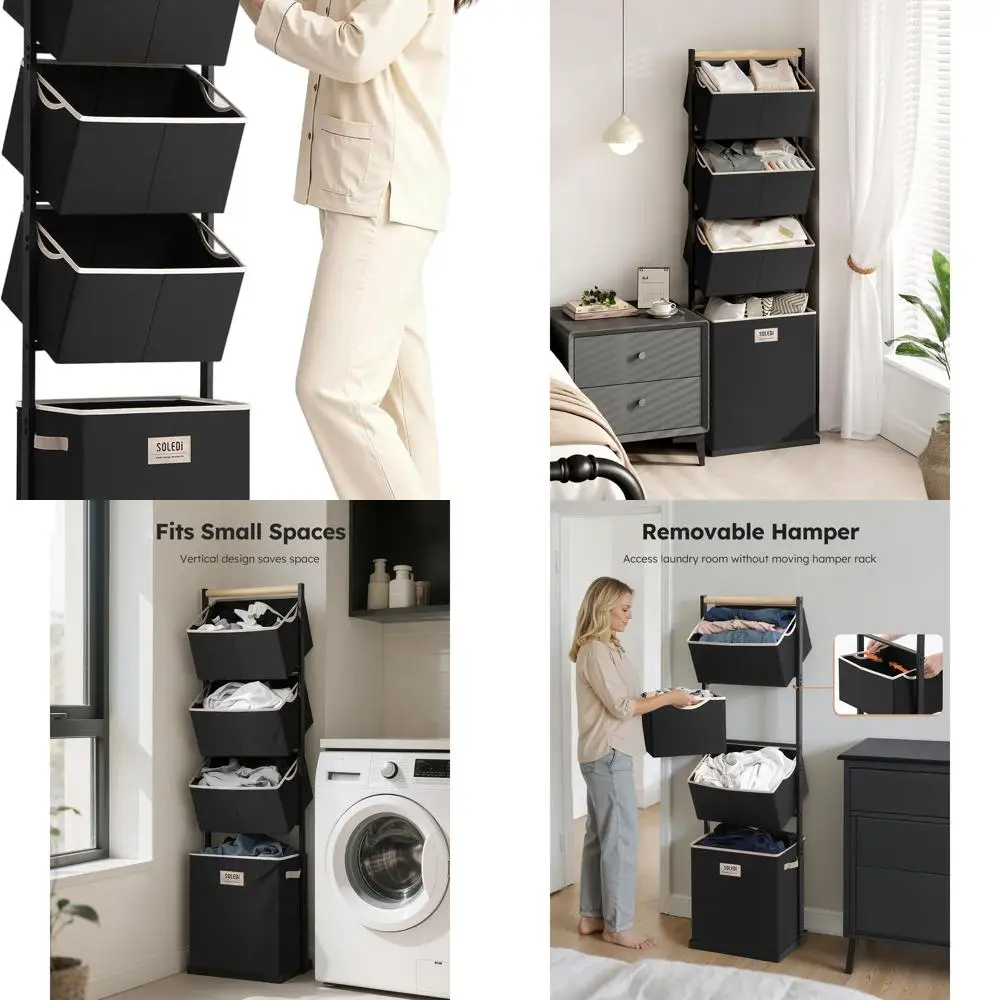 

4-секционный штабелируемый органайзер для корзины для белья, вертикальный сортировщик емкостью 125 л для небольших помещений, идеально подходит для прачечной, общежития и ванной комнаты.
