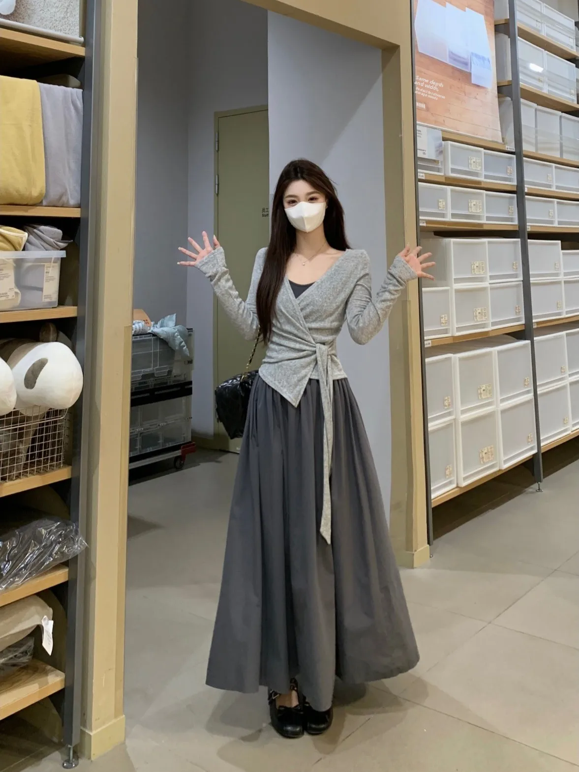 

plus Size Casual Outfit Early Autumn New Design Belted Long Sleeve Top Slimming Halter Dress Women's Korean Style Loose Fit