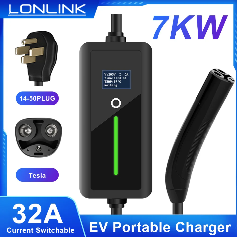 LONLINK 테슬라 EV 휴대용 충전기, EVSE 충전 케이블, 14-50 플러그 컨트롤러, 월박스 지연 충전, 5M, 32A, 7KW