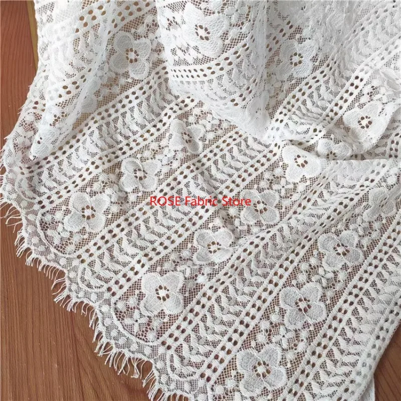 3 meters Long White Lace Fabric with Hollow Out Eyelash Trim and Clover Floral Pattern for Dress Skirt Wedding Party Gown
