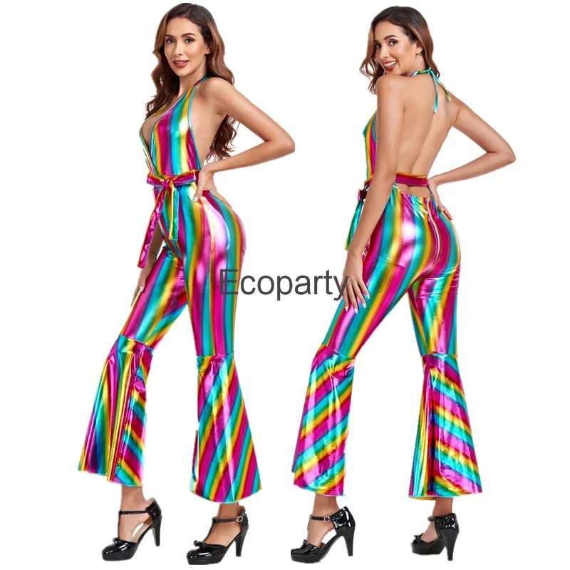 New Women 70s Disco Hippies Costume Sexy Vintage Jumpsuit Outfits Lady Halloween Music Festival Party Singer Stage Show Costumes