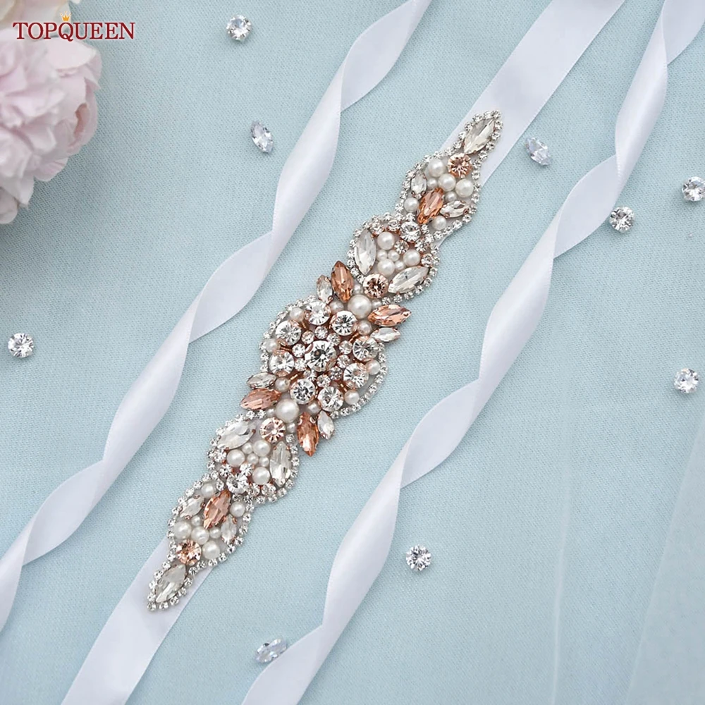 Topqueen-Rose Gold Gemstone Nupcial Sash, Cinto De Casamento, Prom Dress Belt, Diamond Applique, dama de honra S426