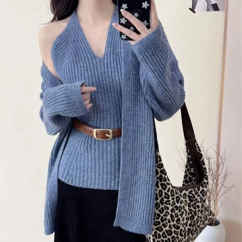 

Женский весенне-осенний изящный вязаный кардиган с v-образным вырезом и лямкой на шее, комплект из двух предметов, женский синий свитер, жилет, топы, костюм, модный трикотаж Джокера