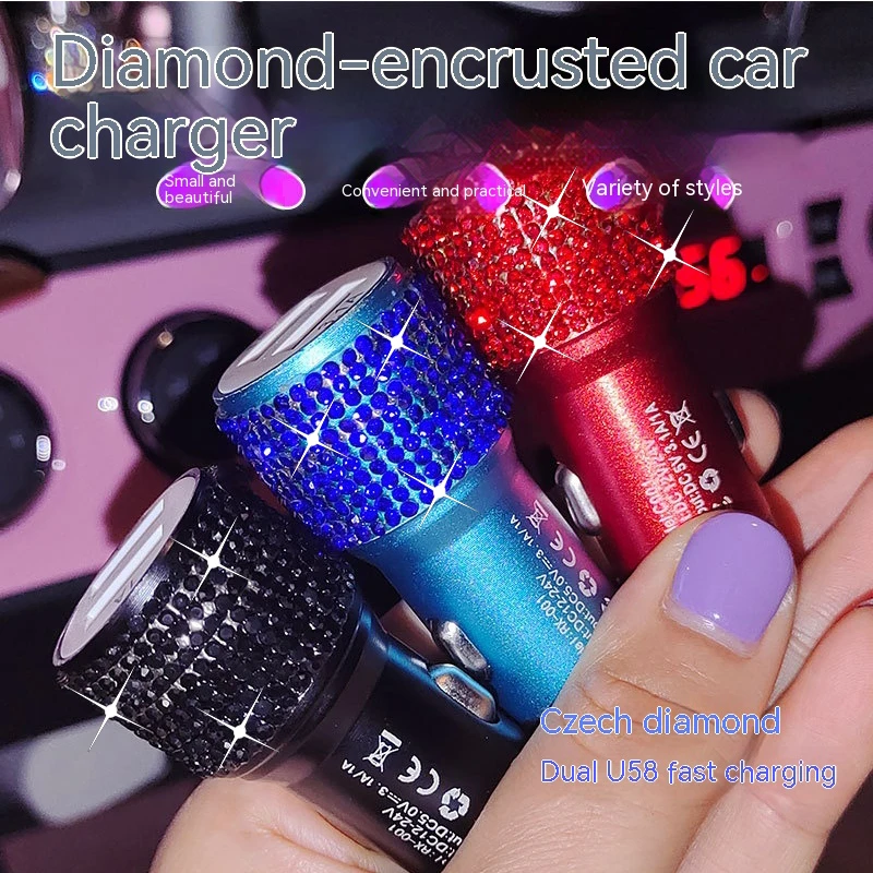 2024 New Shining Artificial Diamond Creative Car Charging Car Dual USB Cigarette Lighter Car Phone Charger