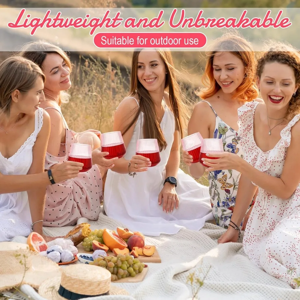 كؤوس نبيذ بلاستيكية غير قابلة للكسر - 50 عبوة، تصميم مضلع وردي 14 أونصة، مثالية للاستخدام الخارجي والداخلي، طراز عتيق El