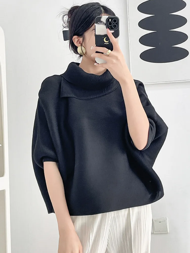 LANMREM Batwing Sleeves Pleated T-shirt For Women Lapel Solid Color Loose Big Size Female Casual Top 2024 Summer New 2DA6800