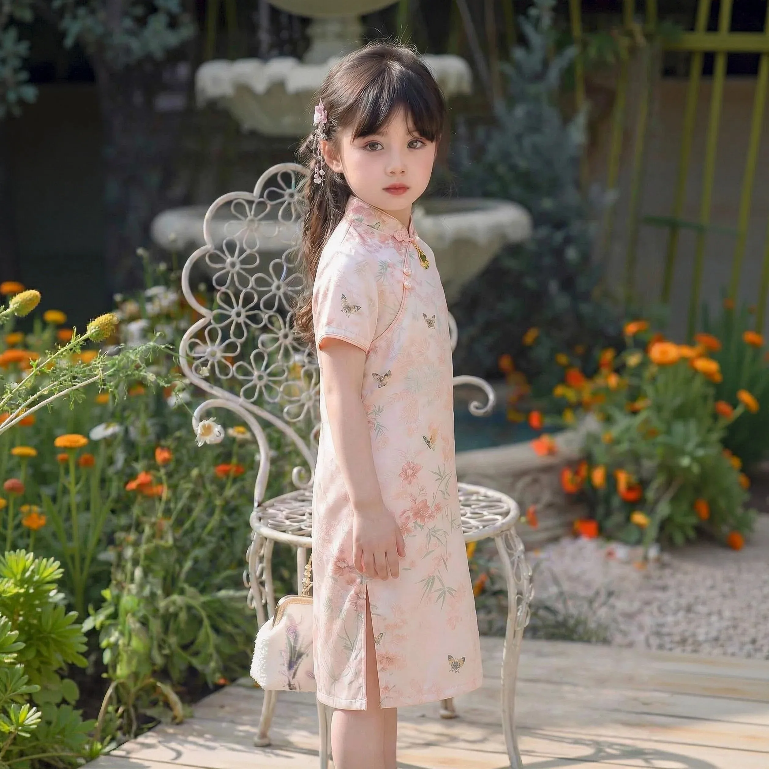 Baby Girls Traditional Cheongsam Dance Dress with Butterfly Pattern Toddler Birthday Festival Performance Wear Size 2-9 Year