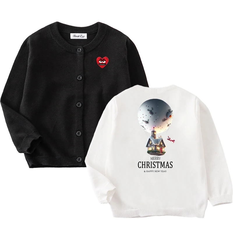 Christmas Balloon House Printing Boy Girl Cardigan Cotton Red Snag Heart Embroidery O-neck Buttons Long Sleeves Autumn Sweater