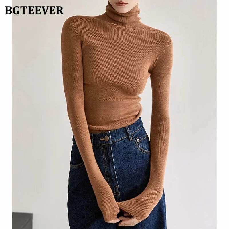 

BGTEEVER Autumn Winter Slim Turtleneck Sweaters Women Casual Long Sleeve Skinny Knitted Pullovers Jumpers Female