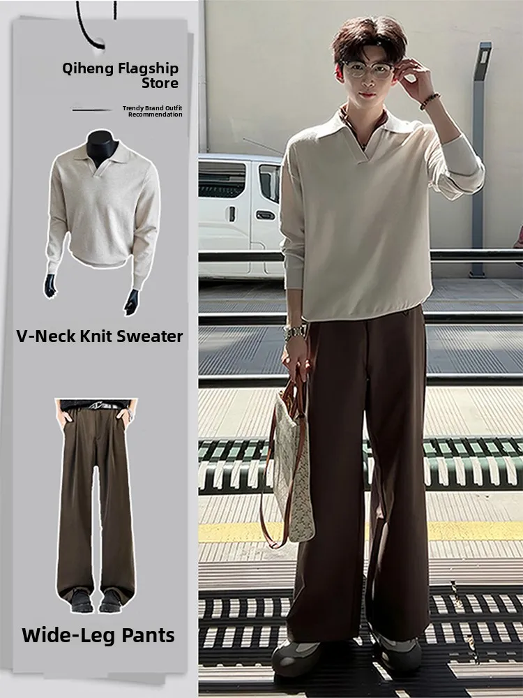 

Korean Sle Knitted irt And Sweater Set for Men Henry Collar Cool And Haome Teenage Faion Autumn Long Sve