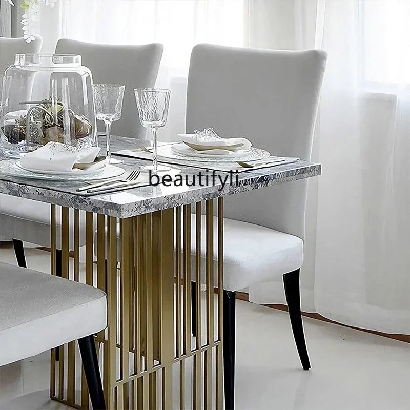 6239Light luxury rectangular marble dining table living room stainless steel dining table villa dining table6239