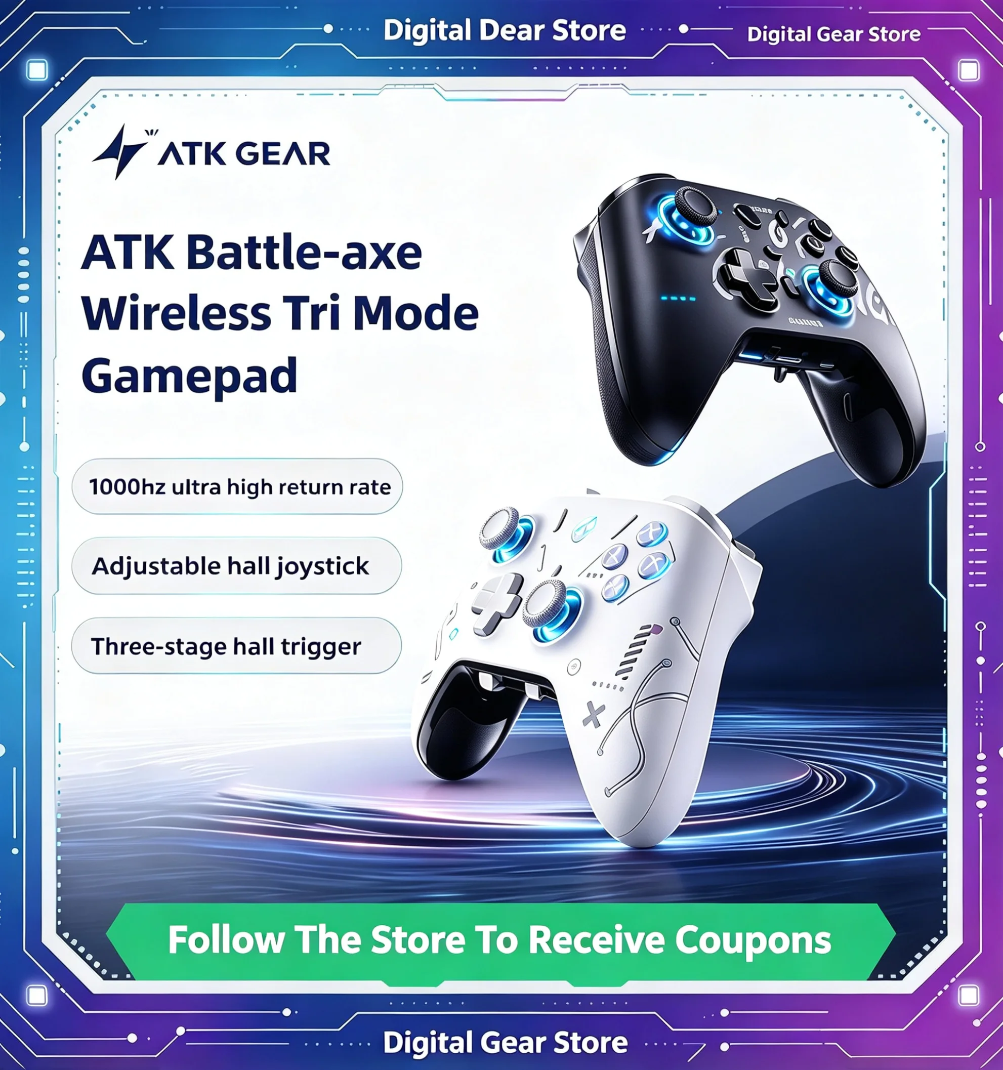ATK AXE Pro Tri-Mode Wireless Gaming Gamepad Hall Effect Joystick 1000Hz Polling Rate Adjustable Triggers Micro RGB Lighting