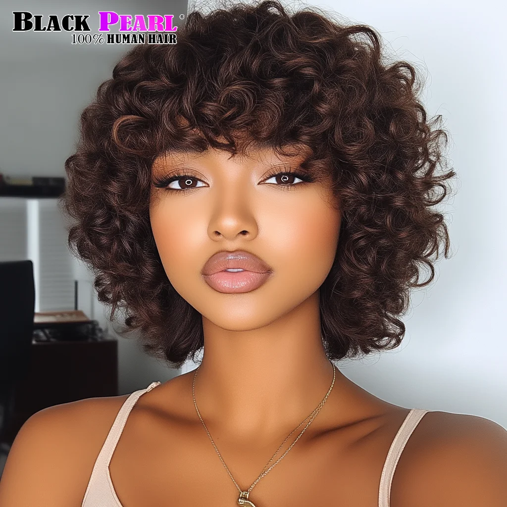 Voluminous Fluffy Pixie Cut Short Curly Human Hair Wigs with Bangs Machine Made Real Hair Wigs  Perruque Cheveux Humain