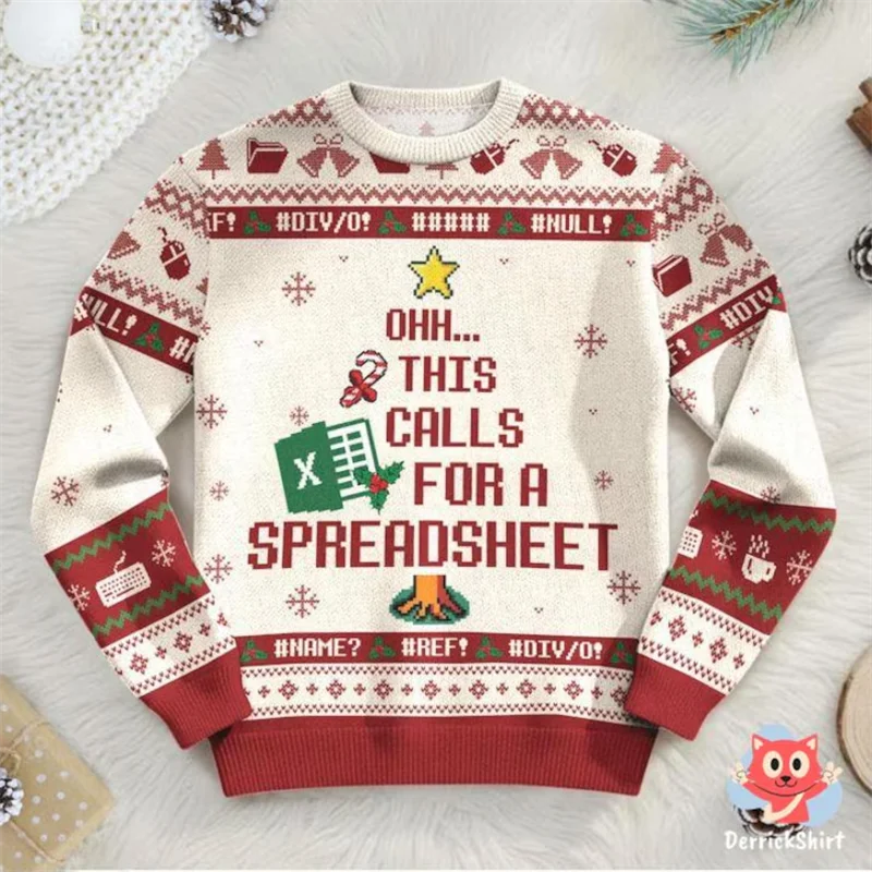 クリスマスの醜いセーター ああ、これはスプレッドシートが必要です Excel クリスマスの要素 楽しくて創造的な冬のラウンドネックセーター