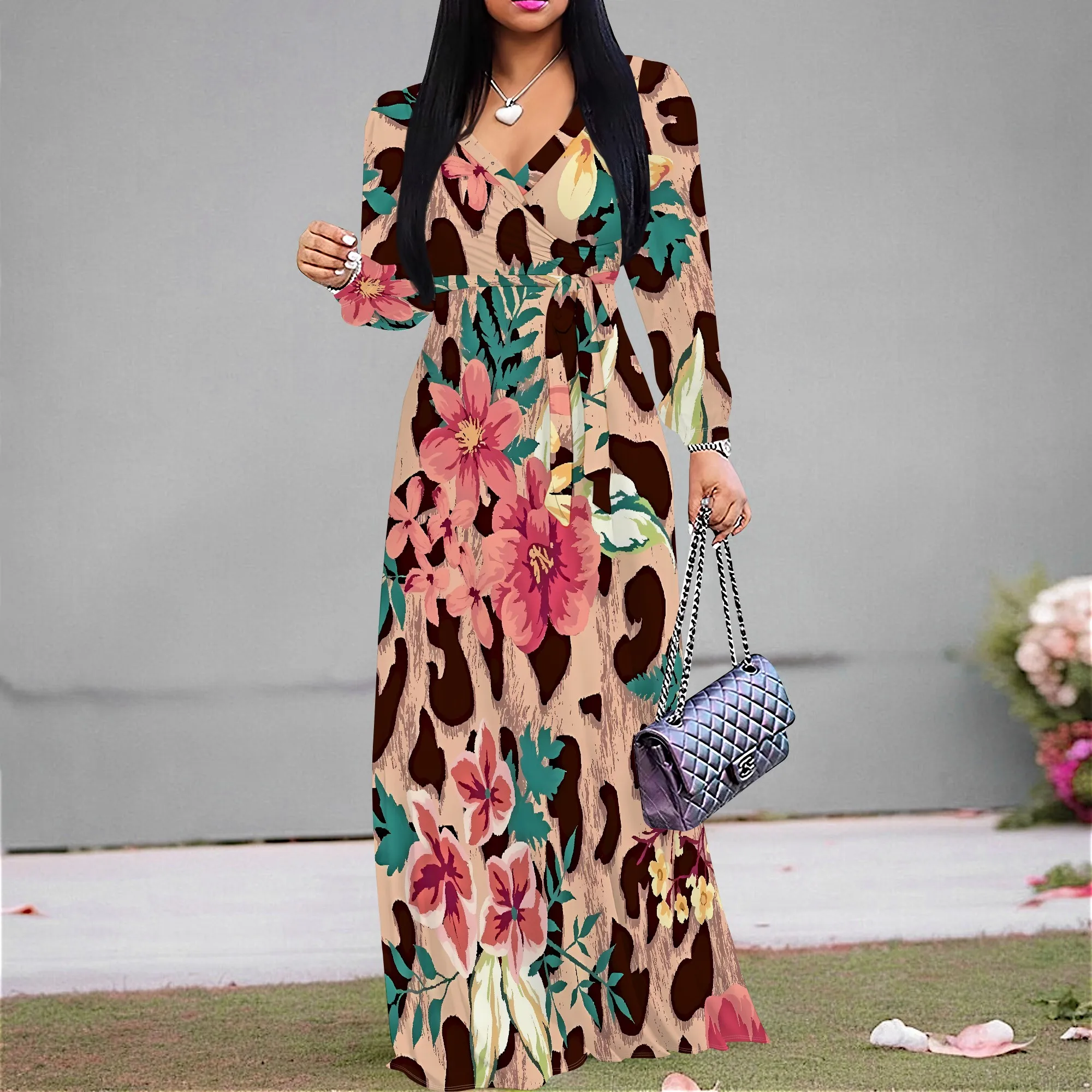 

Nupusa Leopard Floral Print Dress for Women Regular Size Summer Casual V Neck Long Sleeve Belted Maxi Dress