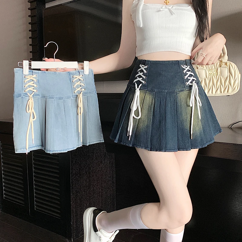 Women's Light Blue A-line Pleated Denim Skirt Vintage Fashion 90s Aesthetic Y2k Mini Skirts Harajuku Korean Skirt 2000s Clothes