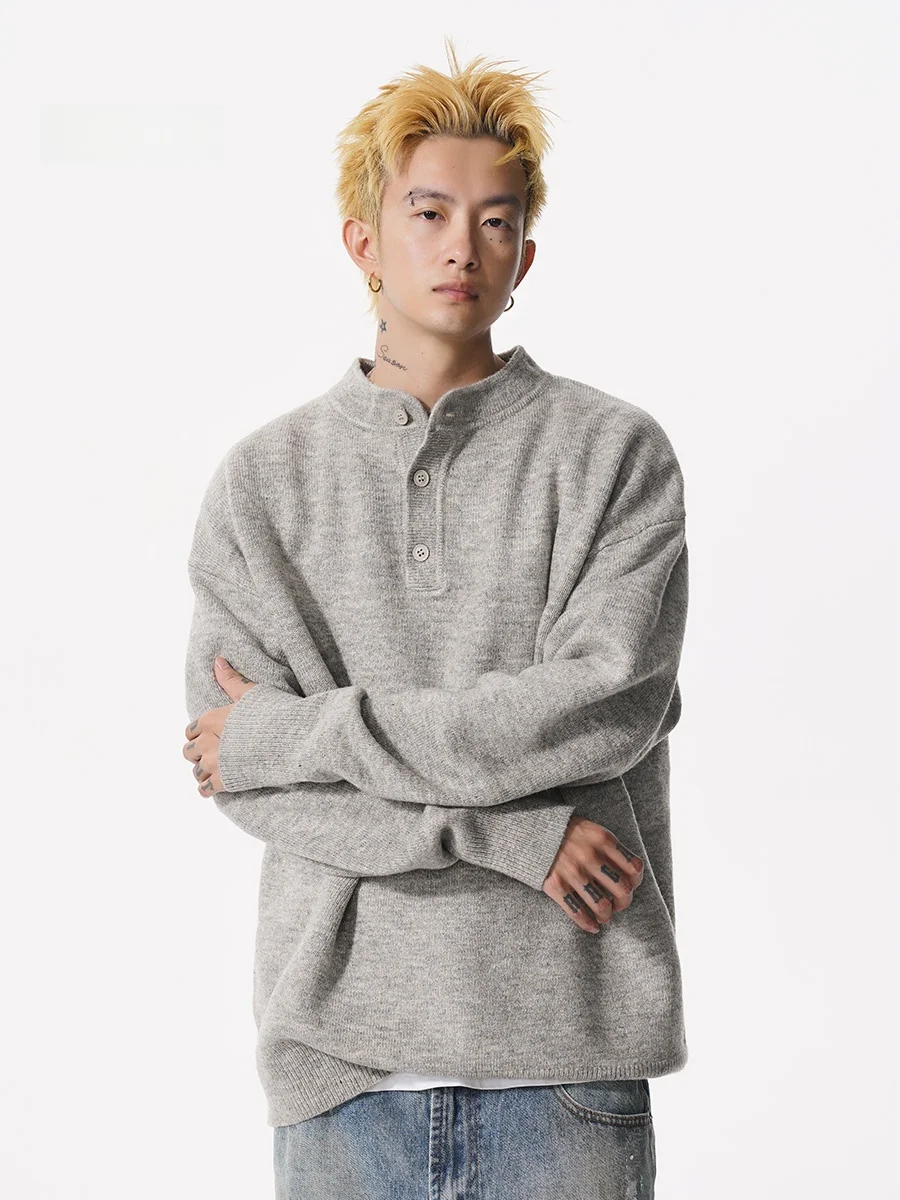 

Мужской утепленный вязаный свитер с воротником хенли в американском стиле, зимний теплый лонгслив, базовая футболка, внутренняя одежда, повседневный топ