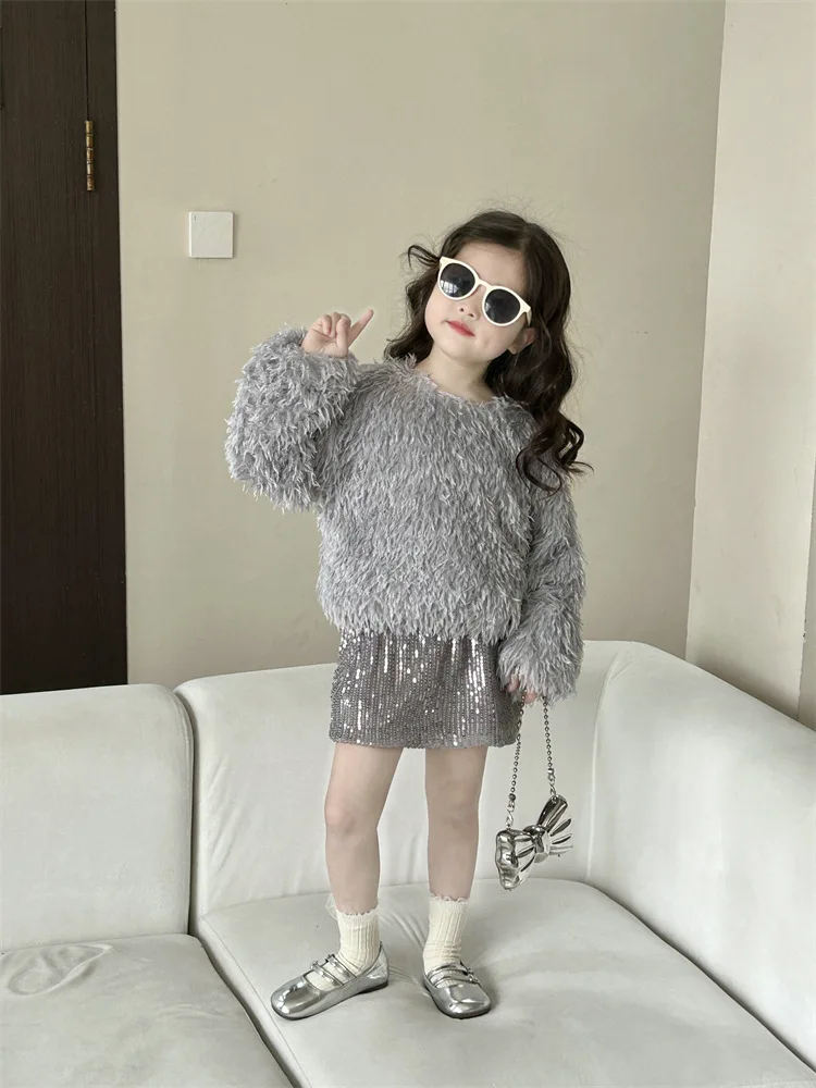 Children\'s trendy top2024Spring and Autumn New Children\'s Clothing Children Toddler Baby Feather Long Sleeve Top Sequin Skirt