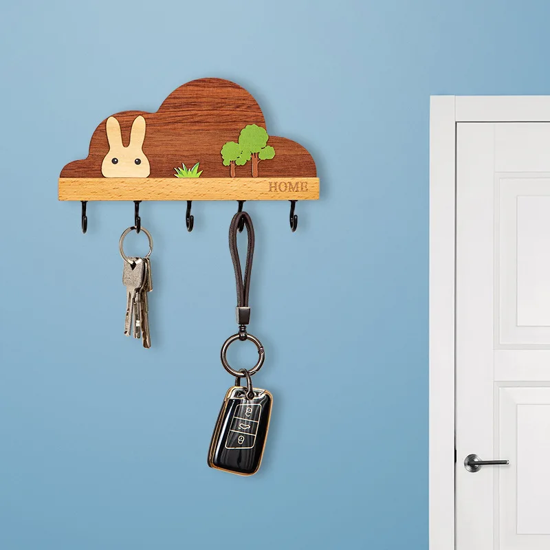 Creative Non Perforated Wall Key Hook Wooden Wall Mounted Key Storage Rack Entrance Foyer Hook  Adhesive Hook