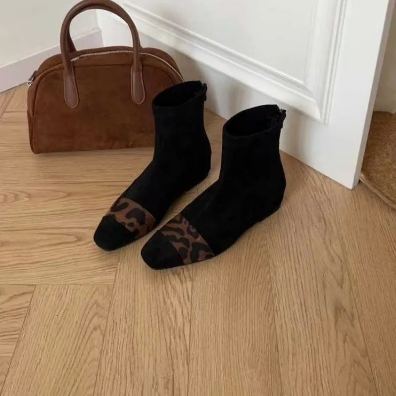 Square Toe Women Sock Boots Leopard Mixed Color Back Zipper Square Mid Heels Sock Bota  Platform Boots  Shoes for Women image 4