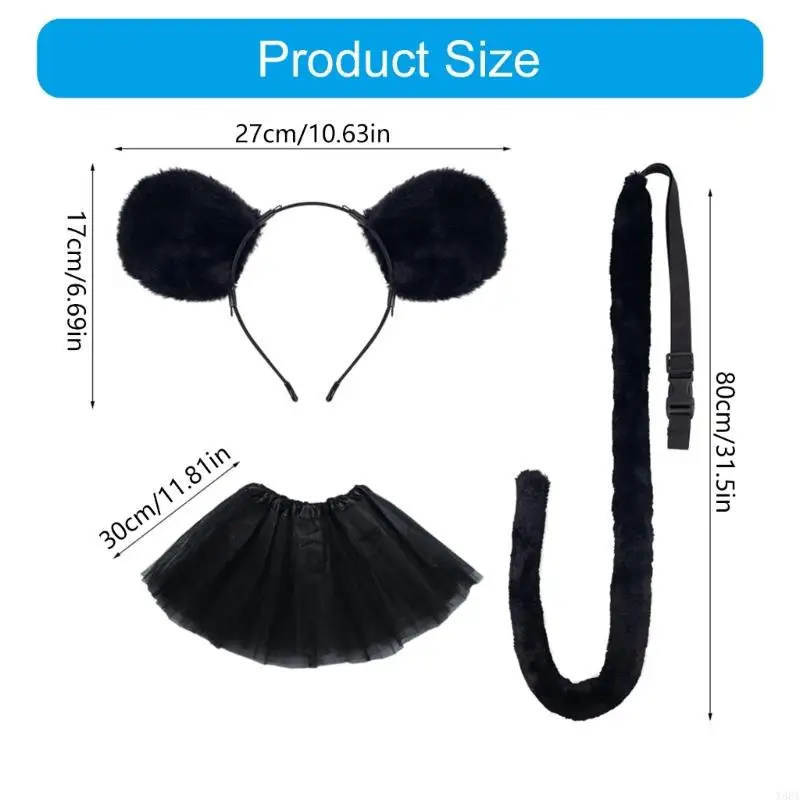 Y88A 3PCS เครื่องแต่งกายเครื่องแต่งกายชุดเมาส์ชุดหนูหูหางคาดศีรษะกระโปรง tutus