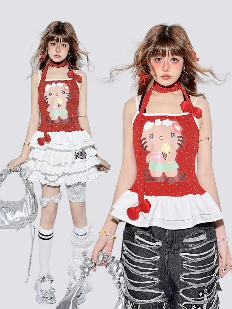 

Red Design Original Summer New Sle Women's Vest Strap Knot Lace Hem Sweet Sle Faionable Inner Wear Top