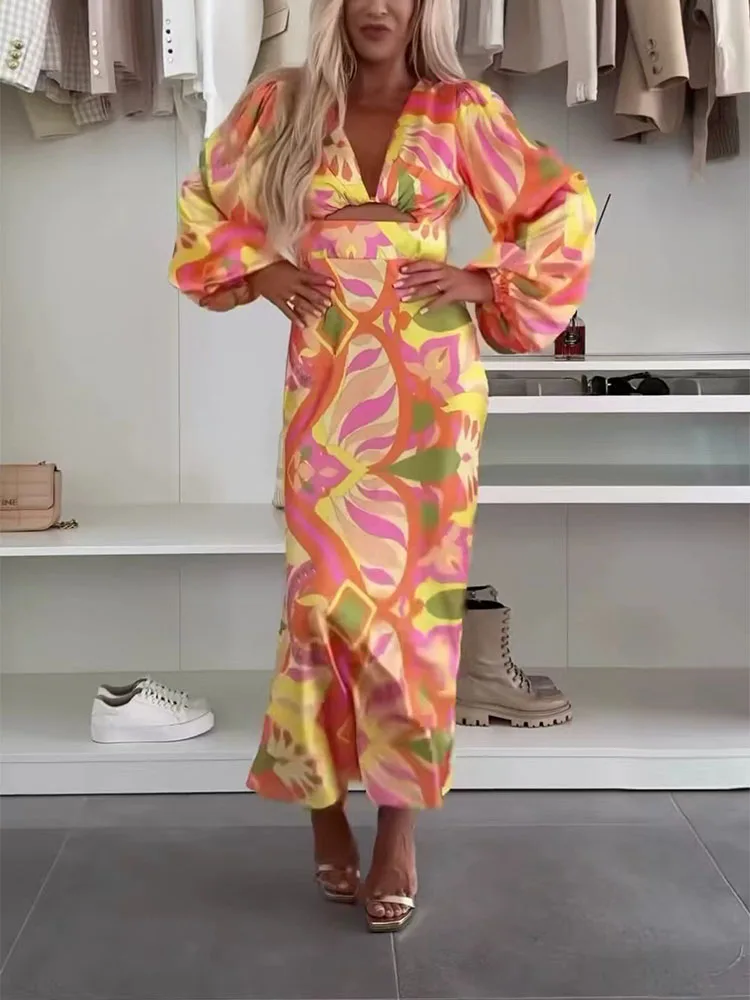 Outono sexy decote em v oco para fora vestido de férias moda feminina padrão impressão magro vestido longo casual manga longa bohe vestidos de festa