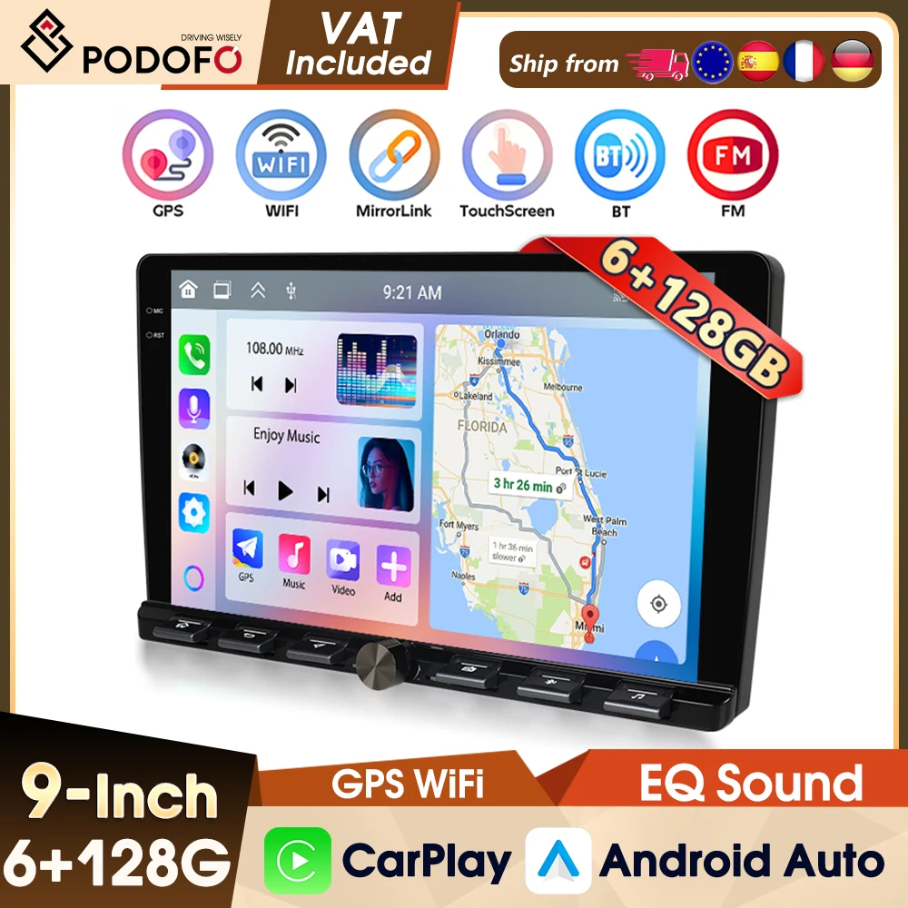 Podofo 2DIN 6+128G Intelligentes Autosystem Kabelloses Carplay Android Auto Mirror Link GPS WIFI Universelles Autoradio BT USB FM/RDS