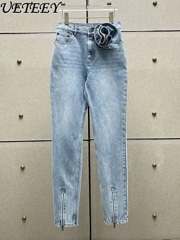 Japanese Korean Jeans 2024 Autumn New Niche Design Elastic Slimming Splicing 3D Flower Feather Denim Pants High Street Trousers