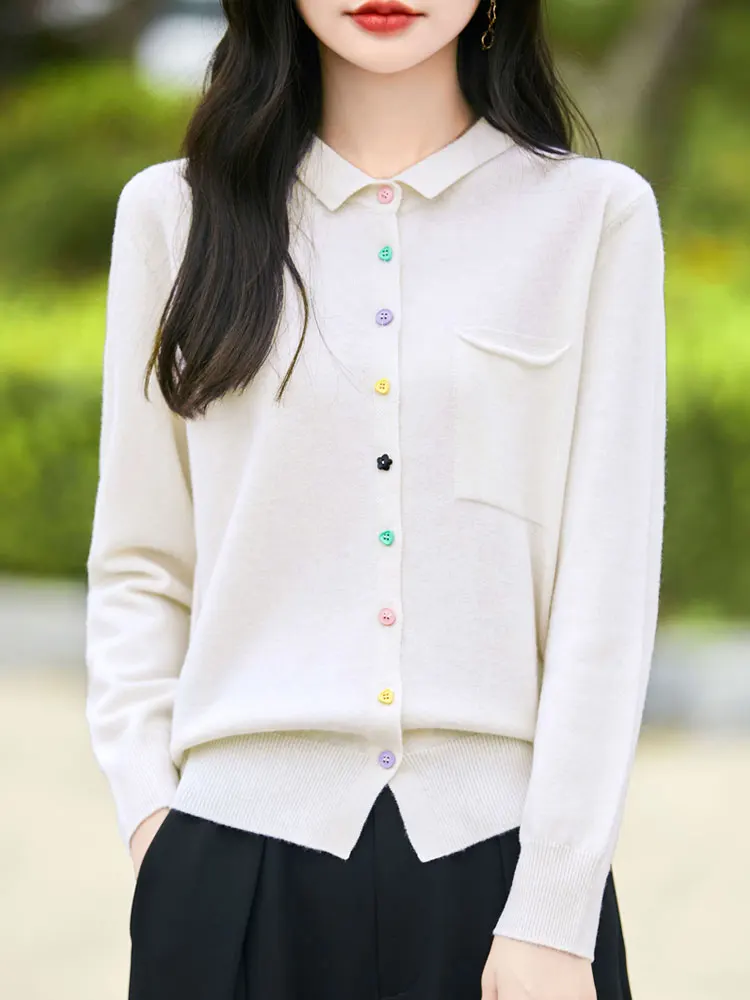 

Chic Women 100% Wool Cardigan Poio Collar Sweater Shirt Colored buttons Clothing Spring Autumn Winter Long Sleeve Knitwear Tops