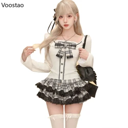 Japanese Gothic Lolita 2 Piece Sets Women Sweet Bow Long Sleeves Blouse Tops Lace Ruffles Plaid Mini Skirt Female Korean Outfits