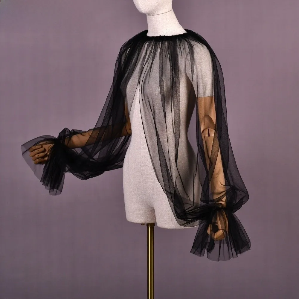 

Fashion Long Puff Sleeve Half Top Blouse Ruffled Design Soft False Collar Lightweight Solid-colored Detachable Collar Women Wear