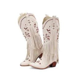 2024 European and American Fashion Thick Heel Tassel Sleeve Boots Women's Western Embroidered Denim Knee Length Boots