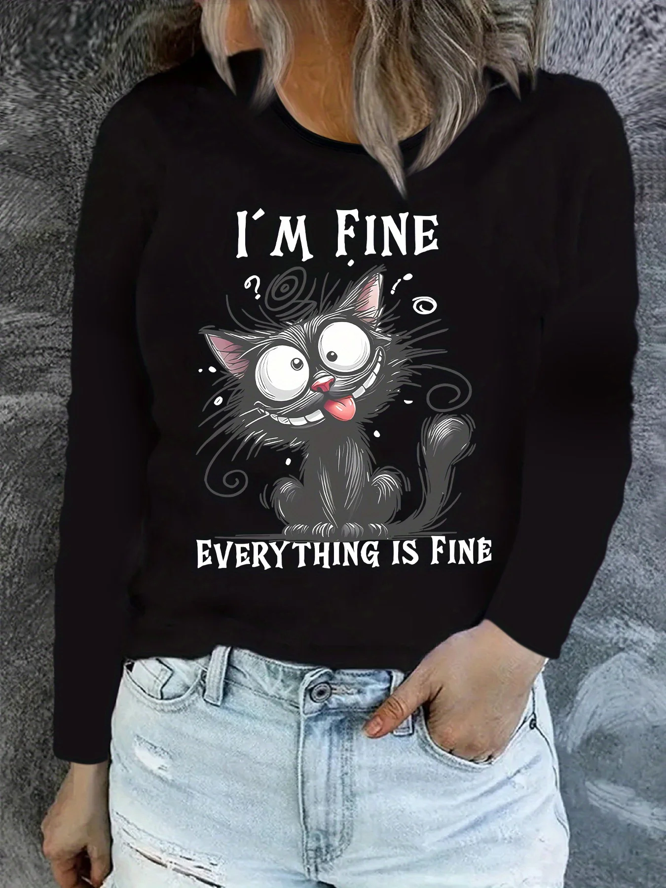 Cartoon Cat with The Text I'M FINE EVERYTHING IS FINE Printed T Shirt Elegant Party Fashion Round Neck Long Sleeve T-Shirt Tops