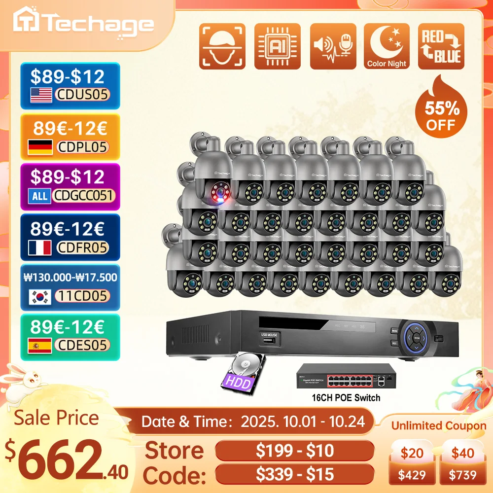

Techage 36CH 4K 5MP 8MP POE PTZ Camera System Smart Ai Human Detected Two-way Audio Color Night H.26S Security Surveillance Kits