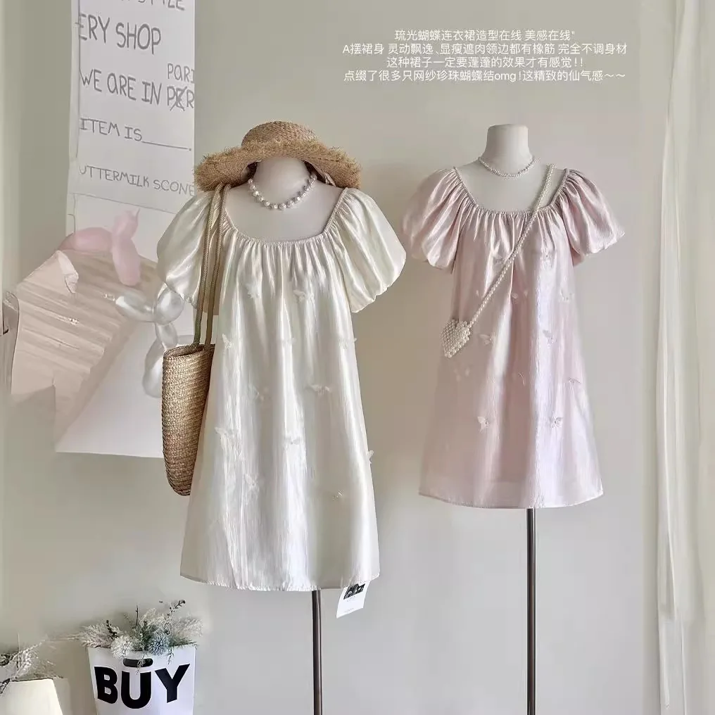 

2024 Flowing Butterfly One Shoulder Two Wear Dress Women's Vacation Style Satin Loose Bubble Sleeves Straight Short Skirt