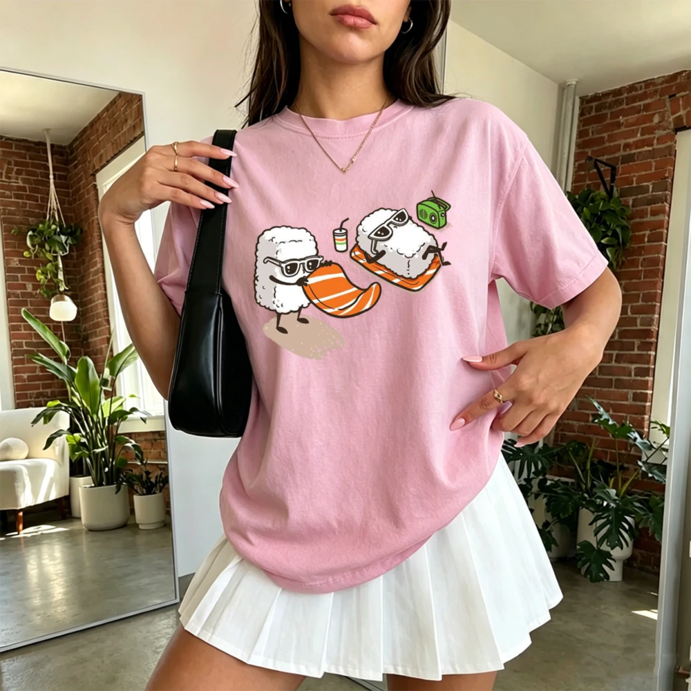 Two Sushi Rolls Sunglasses Vacation Graphic T Shirt Female Kawaii Food Meme Tee Summer Beach Pool Party Top Cute Japanese Style
