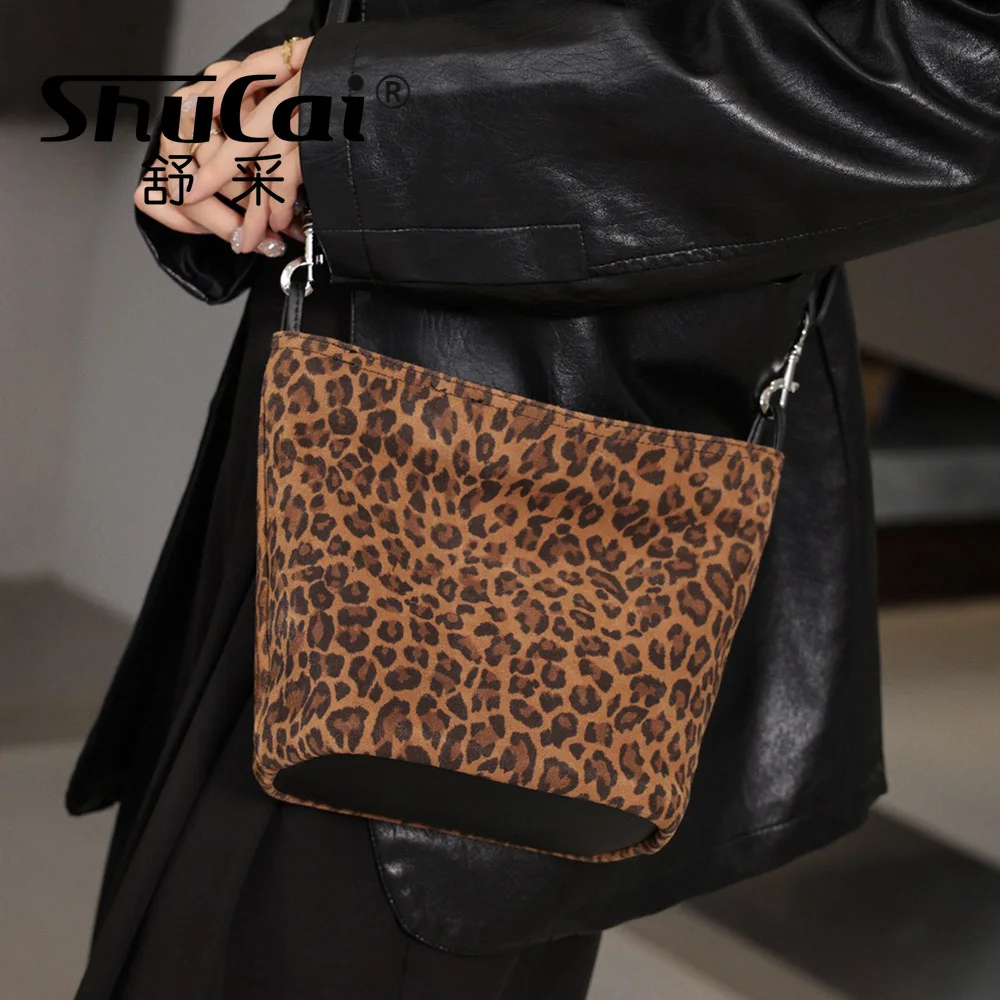 

Genuine Grade Leather Women's Shoulder Crossbody Bag Luxury Designer Brand Leopard Print Bucket Bag Female High Quality Handbag