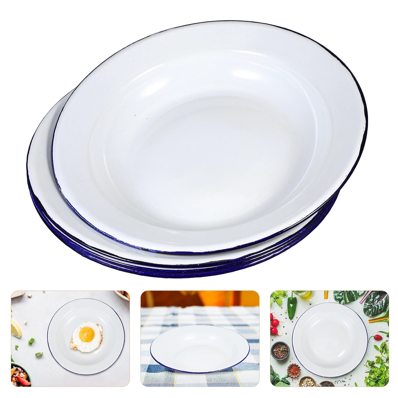 

4Pcs Vintage Enamel Plates Flat Edge Fruit Snack Soup Shallow Bowl Nonporous Versatile Use Home Restaurant