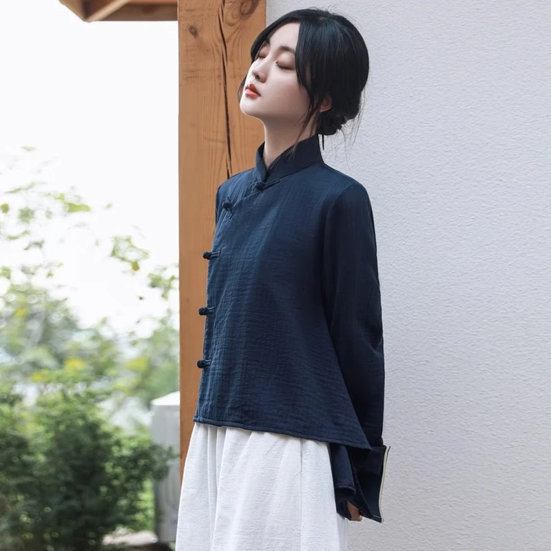 Chinese Traditional Costume Women Literary and Vintage Tang Suit Shirt Spring National Style Cotton and Linen Tops