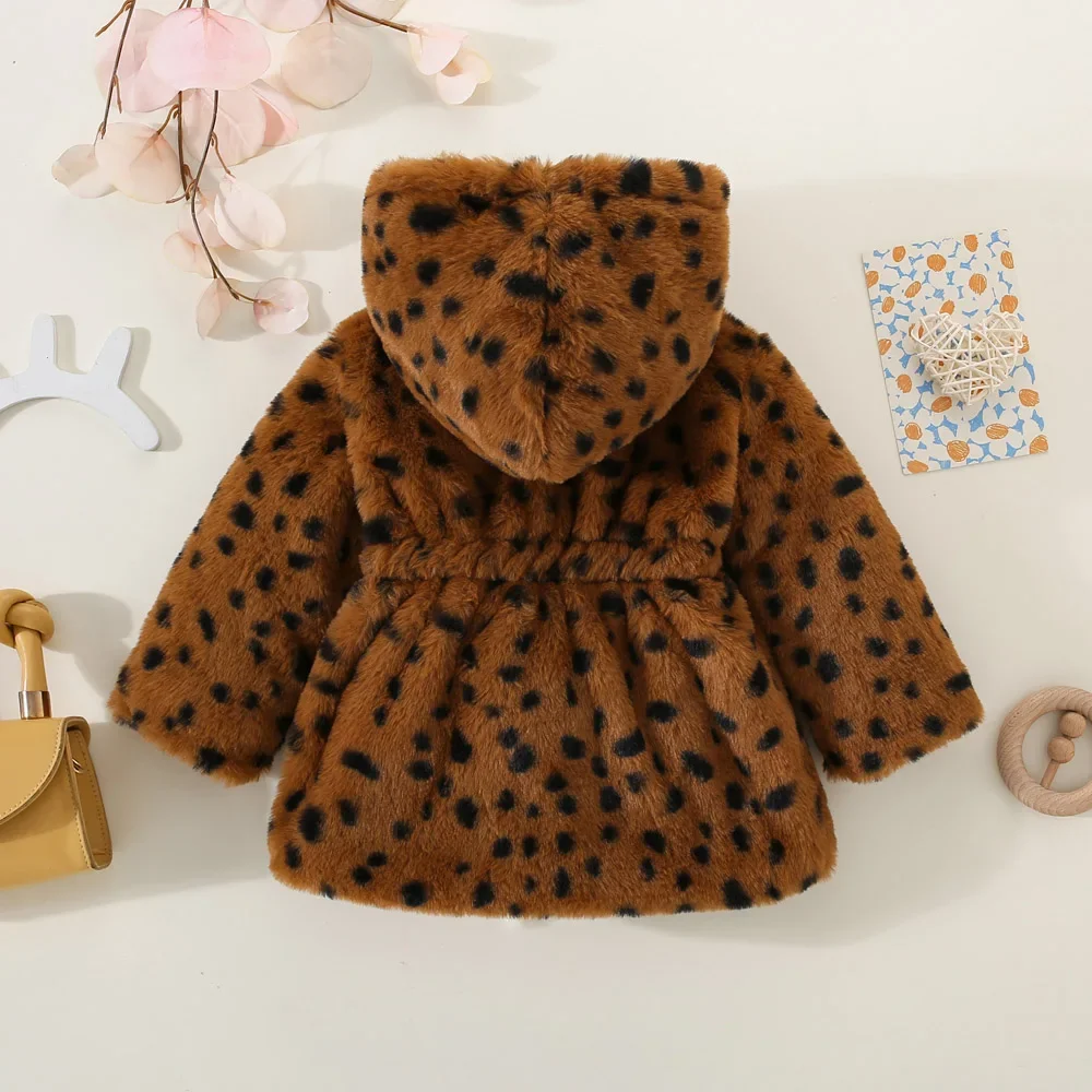 Winter Baby Girl Long Sleeve Plush Coat Hooded Fur Thickened Cotton Coat Children\'s Warm Fashion Leopard Print Baby Clothing