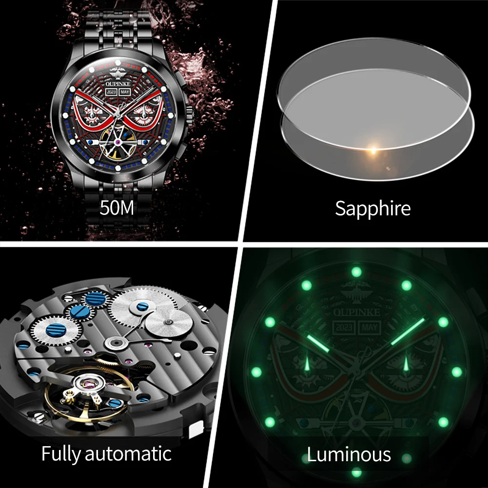 OUPINKE 3250 Top Men\'s Watches Spider Armor Series Skeleton Flywheel Cool Dial Luxury Automatic Mechanical Wrist Watch for Men