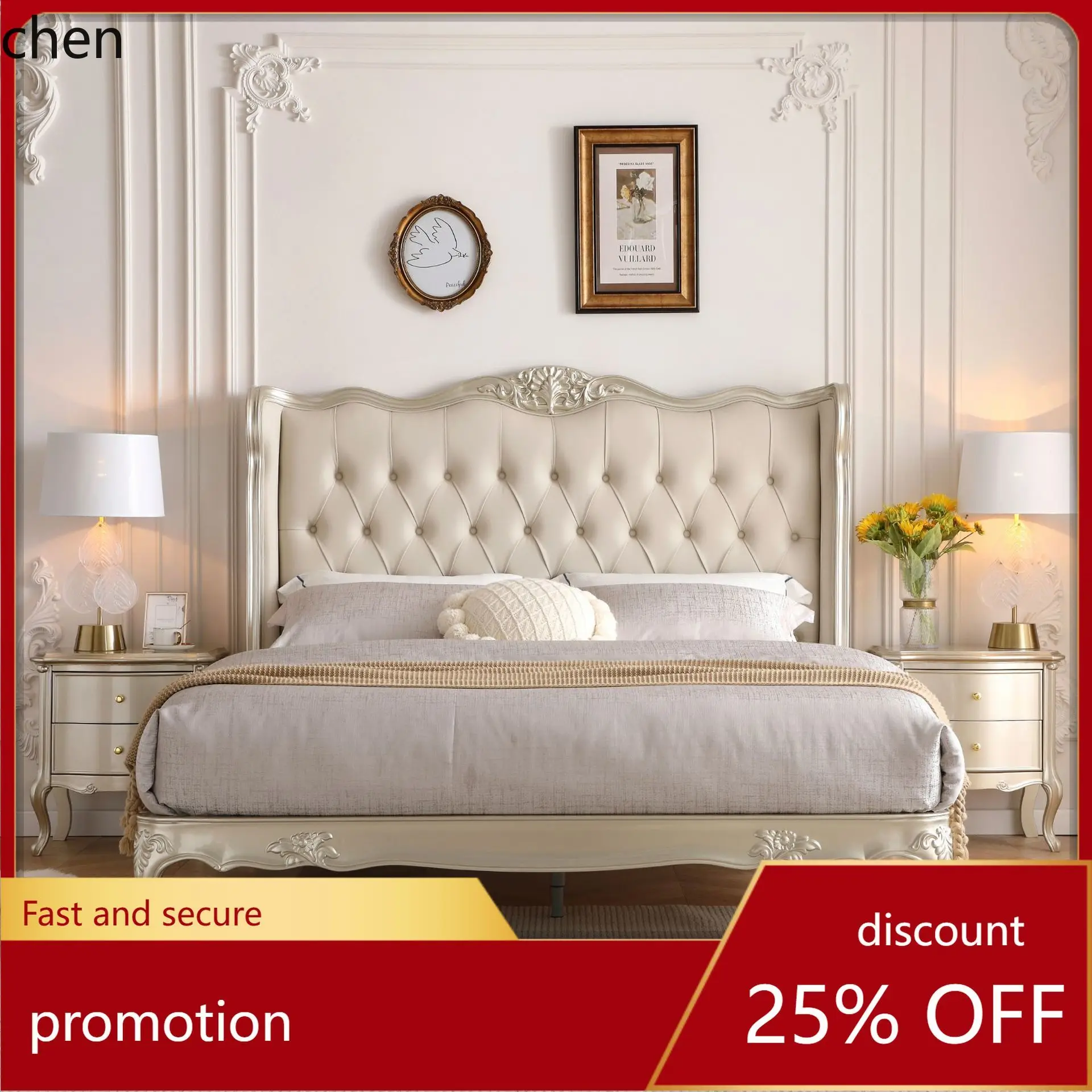 

HTF Light Luxury Solid Wood 1.8m Master Bedroom Double Bed Palace Carved Large Bed High-end Princess Wedding Bed